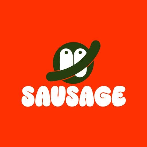 Bold geometric food logo illustration in orange, blue, and green.