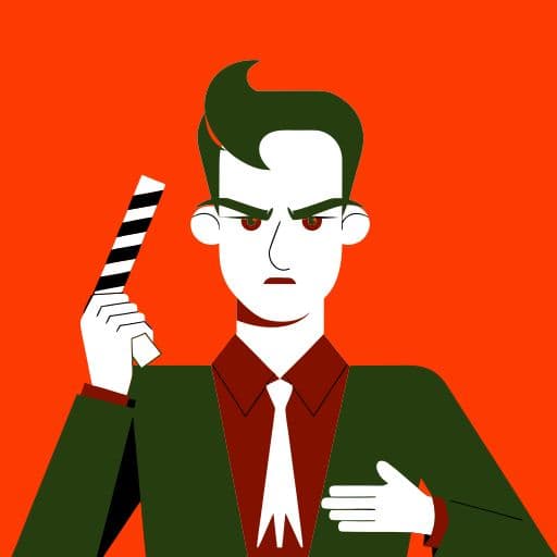 Flat vector character illustration of a protagonist holding a clapperboard.